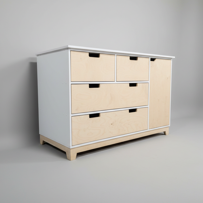 White compactum with wooden drawers on a gray background