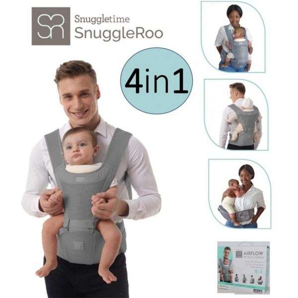 Parent wearing the Snuggletime Airflow Hip Seat Carrier in a front-carry position with baby