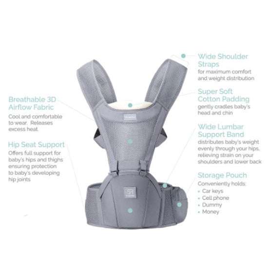 Snuggletime Airflow Hip Seat Carrier showcasing the 4-in-1 carrying positions.
