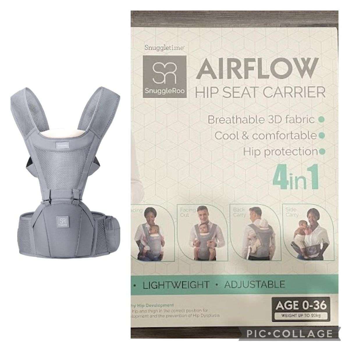 Parent wearing the Snuggletime Airflow Hip Seat Carrier in a front-carry position with baby