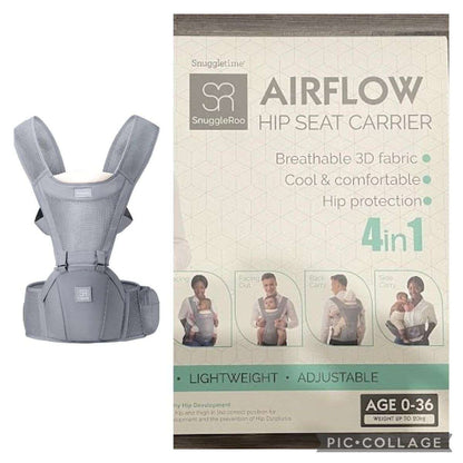 Parent wearing the Snuggletime Airflow Hip Seat Carrier in a front-carry position with baby