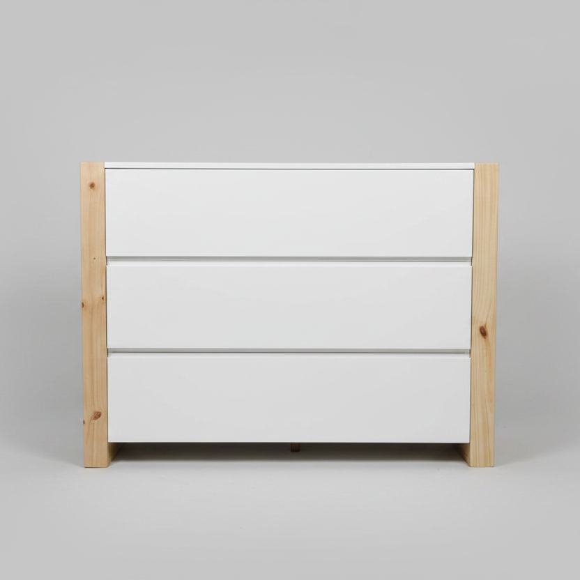 White dresser with wooden frame on a gray background