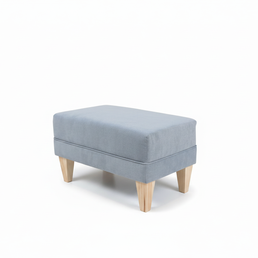 Gray upholstered ottoman with wooden legs on a white background