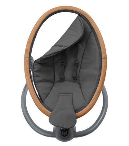 Gray hanging chair with wooden frame and gray base on a white background