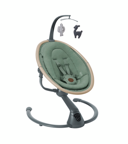 Baby swing with green seat and gray stand on a white background